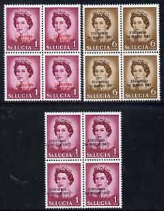 St Lucia 1967 unissued 1c & 6c with Statehood overprint in black & 1c with opt in red, each in unmounted mint blocks of 4