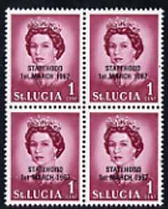 St Lucia 1967 unissued 1c with Statehood overprint in black, unmounted mint block of 4 with superb set-off on reverse