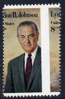 United States 1973 Pres Johnson 8c unmounted mint single with vert perfs misplaced 8.5 mm to right, spectacular