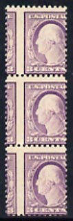 United States 1908 Washington 3c violet mounted mint (poor gum) vert strip of 3 with vert perfs misplaced 5.5 mm to left