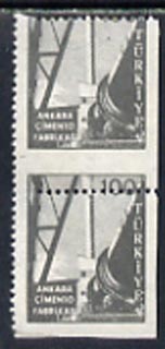 Turkey 1959 Cement Factory 100k mounted mint vert pair imperf at right and horiz perfs misplaced