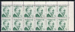 Turkey 1956 Ataturk 1/2k green unmounted mint corner block of 12 with doubled perfs at top, SG 1618var