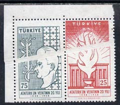 Turkey 1958 20th Anniversary of Death of Ataturk unmounted mint se-tenant pair with pre-printing paper fold resulting in diagonal white line