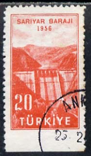 Turkey 1956 Sariyar Dam 20k fine used single imperf between stamp and margin