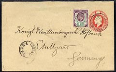 GB Great Britain 1905 KE7 p/stat envelope to Germany with additional 1.5d with 'HH' PERFIN and fine Too Late FBCPO strike in black, flap missing but a most desireable cover