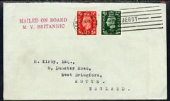 GB Great Britain 1939 cover to UK bearing GB Great Britain KG6 1/2d & 1d with New York PAQUEBOT cancel endorsed MV Britannic