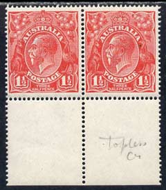 Australia 1924 KG5 Head 1.5d scarlet,marginal horiz pair one stamp with 'no top to Crown' lightly mounted, SG77
