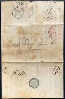 GB Great Britain 1834 pre-stamp entire London to Congnac (torn on opening) with str/line Grenville St & Cognac cds on back.