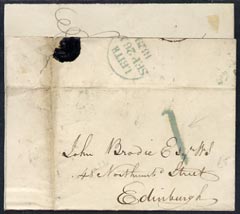 GB Great Britain 1829 pre-stamp wrapper Leith to Edinburgh
