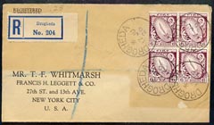 Ireland 1926 reg cover to USA bearing block of 4 x 6d with superb Drogheda cds cancels, cover slightly faded around address