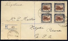 Cook Islands - Aitutaki 1931 reg cover to USA bearing 1920 block of 4 x 6d (SG 28 cat £56 x 4 on cover) reg label canc 27 Oct 31