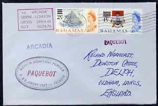 Bahamas used in Honolulu (Hawaii) 1968 Paquebot cover to England carried on SS Arcadia with various paquebot and ships cachets