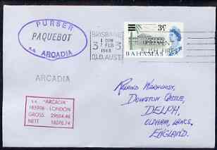 Bahamas used in Brisbane (Queensland) 1968 Paquebot cover to England carried on SS Arcadia with various paquebot and ships cachets