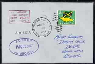 Jamaica used in Cristobal (Canal Zone) 1968 Paquebot cover to England carried on SS Arcadia with various paquebot and ships cachets