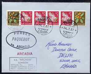 New Zealand used in Lisbon (Portugal) 1967 Paquebot cover to England carried on SS Arcadia with various paquebot and ships cachets
