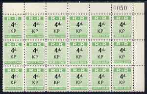 Northern Rhodesia 1951-68 Railway Parcel stamp 4d (small numeral) overprinted KP (Kapiri M'Posho) fine unmounted mint corner block of 18 with sheet number
