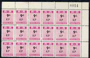 Northern Rhodesia 1951-68 Railway Parcel stamp 9d (small numeral - sans serif) overprinted KP (Kapiri M'Posho) fine unmounted mint corner block of 18 with sheet number
