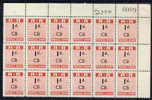 Northern Rhodesia 1951-68 Railway Parcel stamp 1d (small numeral) overprinted CB (Chisamba) fine unmounted mint corner block of 18 with sheet number