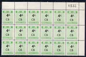 Northern Rhodesia 1951-68 Railway Parcel stamp 4d (small numeral) overprinted CB (Chisamba) fine unmounted mint corner block of 18 with sheet number