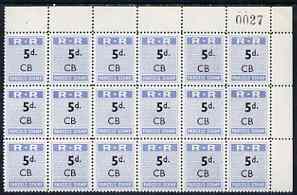 Northern Rhodesia 1951-68 Railway Parcel stamp 5d (small numeral) overprinted CB (Chisamba) fine unmounted mint corner block of 18 with sheet number