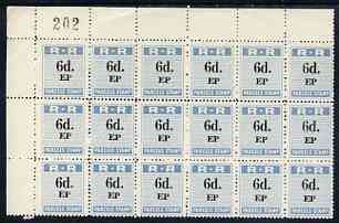 Northern Rhodesia 1951-68 Railway Parcel stamp 6d (small numeral - with serifs) overprinted EP (Pemba) fine unmounted mint corner block of 18 with sheet number