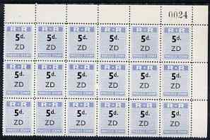 Northern Rhodesia 1951-68 Railway Parcel stamp 5d (small numeral) overprinted ZD (Zimba) fine unmounted mint corner block of 18 with sheet number