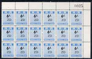 Northern Rhodesia 1951-68 Railway Parcel stamp 6d (small numeral) overprinted ZD (Zimba) fine unmounted mint corner block of 18 with sheet number