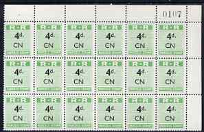 Northern Rhodesia 1951-68 Railway Parcel stamp 4d (small numeral) overprinted CN (Chingola) fine unmounted mint corner block of 18 with sheet number