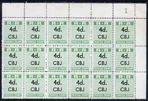 Northern Rhodesia 1951-68 Railway Parcel stamp 4d (small numeral) overprinted CBJ (Chambishi) fine unmounted mint corner block of 18 with sheet number