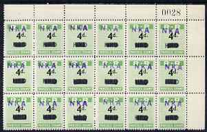 Northern Rhodesia 1951-68 Railway Parcel stamp 4d (small numeral) handstamped NKA (Nkana Kitwe) on HRD (Hunters Road) fine unmounted mint corner block of 18 with sheet number