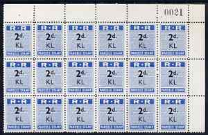 Northern Rhodesia 1951-68 Railway Parcel stamp 2d (small numeral) overprinted KL (Kalomo) fine unmounted mint corner block of 18 with sheet number