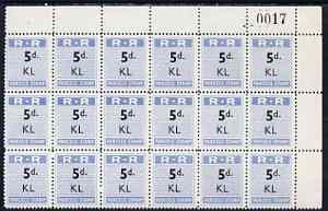 Northern Rhodesia 1951-68 Railway Parcel stamp 5d (small numeral) overprinted KL (Kalomo) fine unmounted mint corner block of 18 with sheet number