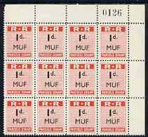 Northern Rhodesia 1951-68 Railway Parcel stamp 1d (small numeral) overprinted MUF (Mufulira) fine unmounted mint corner block of 12 with sheet number
