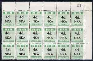 Northern Rhodesia 1951-68 Railway Parcel stamp 4d (small numeral) overprinted NKA (Nkana Kitwe) fine unmounted mint corner block of 18 with sheet number