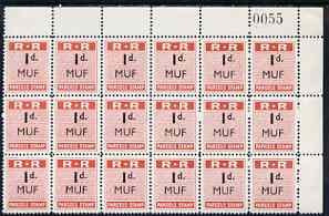 Northern Rhodesia 1951-68 Railway Parcel stamp 1d (small numeral) overprinted MUF (Mufulira) fine unmounted mint corner block of 18 with sheet number