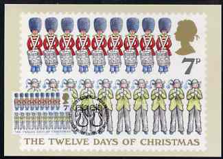 GB Great Britain 1977 QEII Christmas 7p PHQ card (12 Lords & 11 Ladies) with error of text (7 swans & 8 maids) used with Bureau cancel