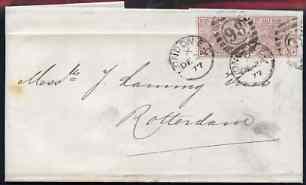 GB Great Britain 1877 QV entire London to Rotterdam, Netherlands bearing 2 x QV 2.5d plate 9, b/stamped Rotterdam 25 DEC 77 (Christmas Day)