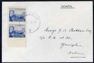 Turkey 1959 40k def vert pair on local cover, lower stamp with bottom perfs misplaced 5mm, scarce on cover