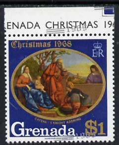 Grenada 1969 Christmas 1969 $1 value unmounted mint with silver (new date) misplaced obliquely appearing at the bottom of stamp instead of at top (plus additional date in top margin)