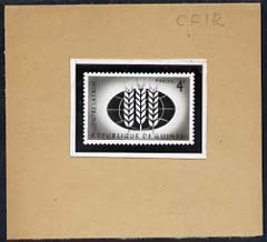 Guinea - Conakry 1963 Freedom From Hunger stamp sized photographic proof for accepted design but value expressed as 4f, mounted on small card