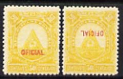 Honduras 1890 Official 50c yellow two mounted mint example a) with Official doubled and b) with Official inverted, both mint