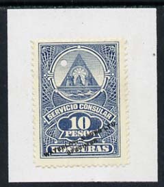 Honduras Colour trial proof of 10peso Consular Service stamp in blue-grey affixed to small piece overprinted 'Waterlow & Sons Ltd, Specimen' with small security puncture