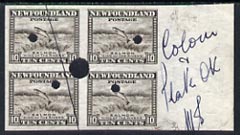 Newfoundland 1941-44 KG6 Salmon 10c black-brown imperf marginal PROOF block of 4 each stamp with Waterlow security punch hole, endorsed in margin 'Colour & Plate OK', some wrinkles but an unique KG6 item (as SG 283) 