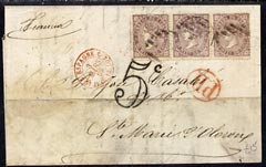Spain 1869 Cover bearing fine1867 50m strip of 3, '5c' h/stamp & red 'PD' etc, sl soiling but attractive