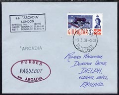 Gibraltar used in Durban (South Africa) 1968 Paquebot cover to England carried on SS Arcadia with various paquebot and ships cachets