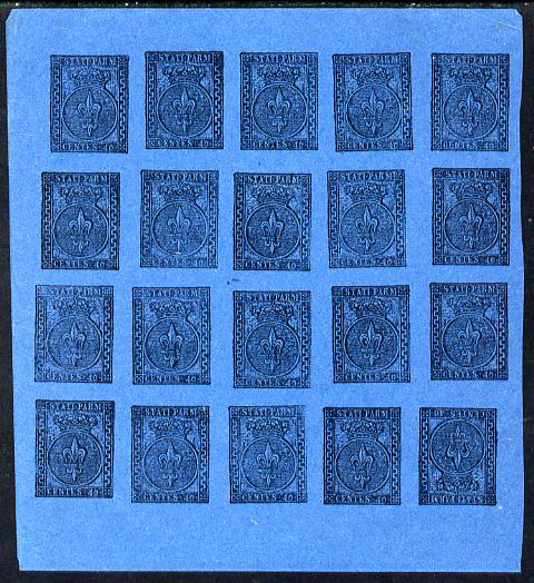 Italy - Parma 1852 issue Spiro Forgery complete imperf sheet of 25 x 40c black on blue 'unused'