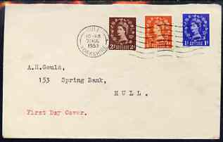 GB Great Britain 1952-54 Wilding 1/2d, 1d & 2d Tudor wmk on plain cover with first day cancel (typed address)