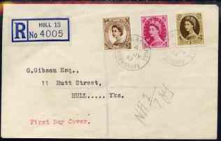 GB Great Britain 1952-54 Wilding 5d, 8d & 1s Tudor wmk on plain registered cover with first day cancel (typed address)