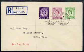 GB Great Britain 1952-54 Wilding 3d, 6d & 7d Tudor wmk on plain registered cover with first day cancel (typed address)