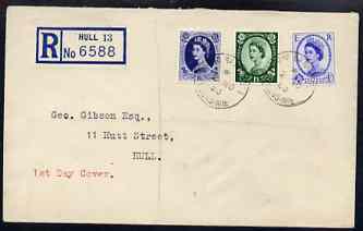 GB Great Britain 1952-54 Wilding 4d, 1s3d & 1s6d Tudor wmk on plain registered cover with first day cancel (typed address)